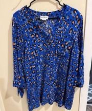 For the Republic Womens Large Blue Leopard Animal Print Tie Long Sleeve Blouse