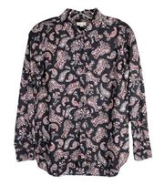 Garnet Hill Size 00 Button Down Blouse Top Paisley Black Pink Collar Cotton 614