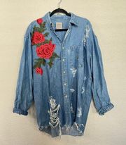 FURST OF A KIND jean button down rose embroidered size M