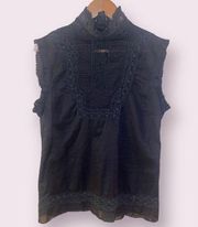 Hale Bob Black Ruffle Lace Mock Neck Prairie Top - size medium