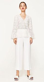 ZARA  White Lace Sheer Bell Sleeve Top Small Y2K