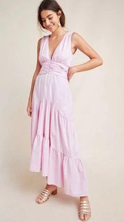 NWT  Anthropologie Kensie Tiered Maxi Dress Pink Striped V Neck