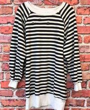 Splendid Black and White Striped  Distressed Crew Neck Longline Sweater