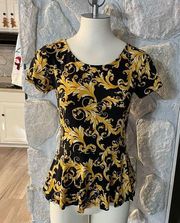 Forever 21 Gold Yellow Black Paisley Short Sleeve Peplum Top- Size Medium