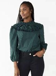 RSVP Green Black Checker Classic Preppy Boxy Ruffle Neck Top S