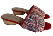 Donald Pliner Reise Rafia Fringe Low Slide Sandals Heels Red Multicolor Size 9