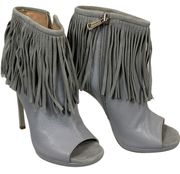 Italian Designer Grey Fringe Ankle Bootie SIZE 6 Stiletto Open Toe Leather NEW