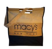 Macy's New York Large Woven Tweed Black Tan Tote Bag Long Strap 2 Wooden Handles