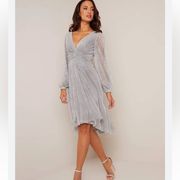 Chi Chi London Long Sleeve Wrap Dip Hem Midi Dress in Silver