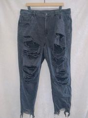 American Eagle  Black Wash Strigid Denim High Waisted Distressed Mom Jean size 18