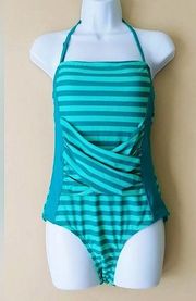 NEW Modcloth Mint & Teal Stripe One-Piece Swimsuit Removable Halter Strap Medium