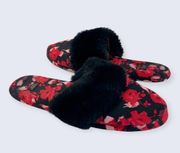 Victoria’s Secret Red Black Floral Rose Black Faux Fur Closed Toe Slipper M