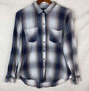 Lucky Brand Button Up Shirt Womens Size Large Blue/Grey Long Sleeve Flannel