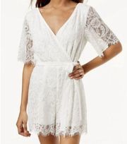 Trixxi Surplice V-Neck  Lace Romper Short Sleeves Belt Tie Scoop Back White XL