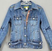 Acorn Women Jacket Size XS Blue Denim Stretch Preppy Red Accents Classic Buttons