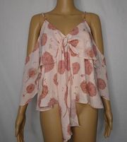 Storia Floral Cold Shoulder Ruffle Flutter Blouse Pink Peach Tie Front Small