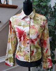 Caribbean Joe Multicolor Floral Cotton Collared Button Front Jacket Petite Large