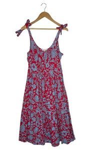 Beach Lunch Lounge Dress Womens M Midi Floral Tie Strap Tiered Beachy Pool Red