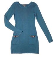 Long Sleeve Ribbed Leather Pocket Tunic Sweater Dress Jade Blue Green Medium