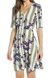 New  Floral Stripe Button Up Vilja Dress Short Sleeve Mini Green Navy