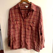 MAX STUDIO Women’s Red Brown Plaid Relaxed Fit Button Down Shirt Size L