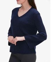 MM Lafleur • The Min Cashmere Merino Wool Rib V Neck Sweater navy bell sleeve