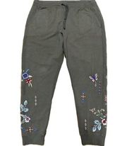 Johnny Was Olive Green Jogger Pants Floral Embroidered XL Pockets Drawstring