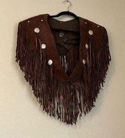 Vintage Chasser  Leather Fringe Poncho Vest Wrap Western Style Brown Osfm