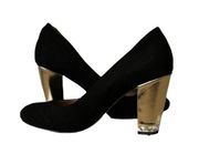 Ann Taylor Tinsley Black Suede Jewel Rhinestone Gold Block Heel Size 7m9