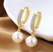 18K Gold Plated White Pearl Dangle Drop Earrings for Women