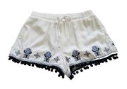 Miami Blue White Floral Embroidered Pockets Tie Pom Pom Hem Shorts Small NEW