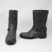 Aquatalia Genuine Leather Combat Moto Quilted Buckle Detail Boots Black Silver 