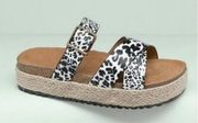 Leopard Strappy Cork Espadrille Sandals Slip On Animal Print Slides Summer Shoes