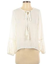 haoduoyi white Tie Front Top Embroidered Sleeves boho