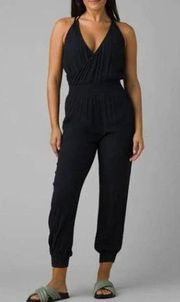 Prana Fernie Jumpsuit Surplice Halter Deep V Neck Smocked Waist Blue Large