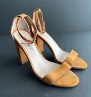 BRECKELLES | Camel Faux Suede Block Heel Ankle Strap Sandals Sz 6.5