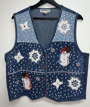 Vintage Dress Barn Quilted Denim Vest Womens Size XL Snowman Snowflake Winter