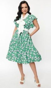 NWT Unique Vintage Green Dog Print Swing Dress