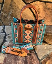 SouthWestern Allover Aztec Canvas Tote Crossbody Turquoise