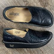 Alegira Women Shoes Size 8 US/ 38 Black Leather Embossed Rose Clogs Nurse