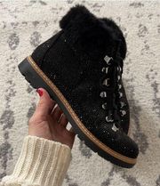 INC Black Rhinestone and Fur Lace Up Hiker Boots