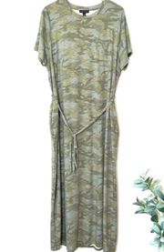 Soft Stretch Jersey Knit Crewneck Camo Maxi Dress 18/20