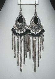 Silver Tone and Black Bead Long Boho Earrings