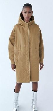 Zara CONTRAST PIPING PARKA long Zara oversized Hooded tan size US M