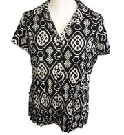 FRED DAVID BLACK & WHITE BUTTON DOWN STRETCH SHORT SLEEVE TOP SIZE LARGE