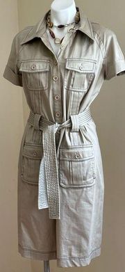 Suzi Chin For Maggy Boutique khaki Tie & Pockets Dress Cuffed Sleeves Sz