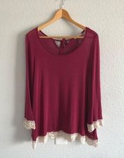 Easel Burgundy Plum Lace Hem Top NWOT Cream Trim