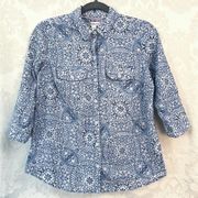 Croft & Barrow Women’s White & Blue Cotton Button Up Shirt Petite Size PS GUC