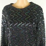 Vintage Sequin Tinsel Glitter Sparkly Zip Up Sweater Blouse Rainbow Oil Slick
