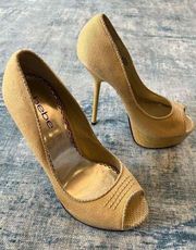 Bebe Yellow Tan Metallic Gold Canvas Platform Peeptoe Stilettos 8.5